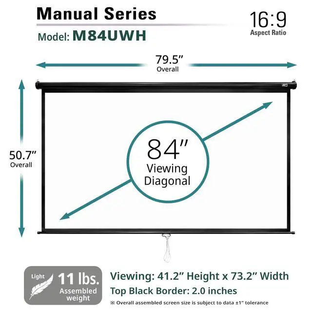 Alt view image 7 of 7 - Manual Series, 84-INCH 16:9, Pull Down Manual Projector Screen with AUTO LOCK, Movie Home Theater 8K / 4K Ultra HD 3D Ready, 2-YEAR WARRANTY, M84UWH, 16:9, Black