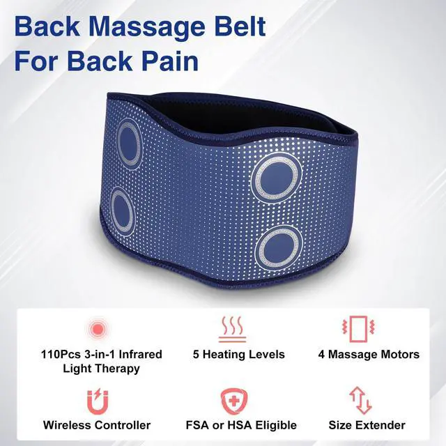 Alt view image 2 of 6 - Cordless Back Massager Belt - FSA-HSA Eligible Red Light Therapy Massage Belt with 5 Heating Levels,3 Vibration Modes, Lower Back Massager for Pain Relief Deep Tissue,4 Motors,Battery-Powered (Blue)