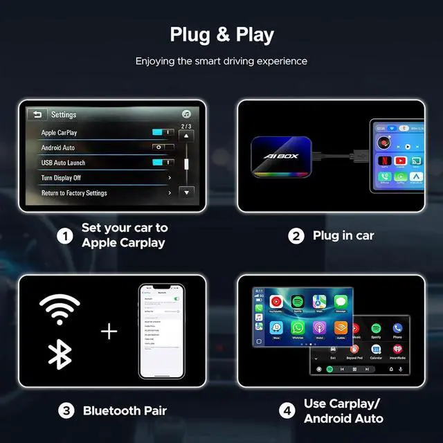 Alt view image 2 of 7 - Magic AI Box, Wireless CarPlay Android Auto Adapter with Net-Flix YouTube TikTok, Built-in Play Store and Screen Mirroring, Plug and Play Video Adapter for OEM Factory Wired CarPlay Vehicles