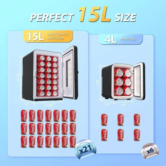 Alt view image 2 of 7 - Mini Fridge for Bedroom, 15 Litre/21 Cans Portable Mini Refrigerator with AC/DC Power for Office, Dorm and Car, Thermoelectric Electric Cooler & Warmer Skincare Fridge for Drinks, Food, Cosmetics