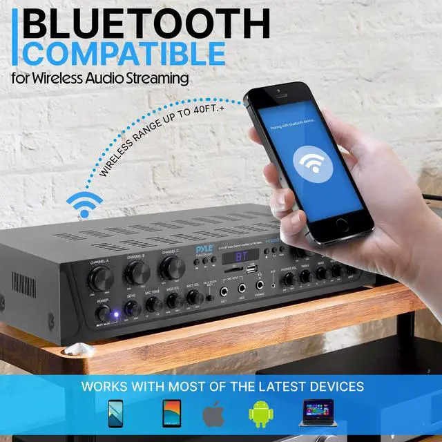 Alt view image 7 of 7 - Home Audio Amplifier with Bluetooth - 6 Channel 600 Watt Peak Power, Karaoke with Echo, 2 Mic Input with Talkover, Headphone In, USB A MP3 Player with SD Reader - Home, Commercial, Worship