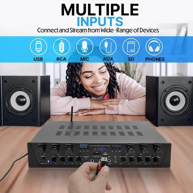 Alt view image 6 of 7 - Home Audio Amplifier with Bluetooth - 6 Channel 600 Watt Peak Power, Karaoke with Echo, 2 Mic Input with Talkover, Headphone In, USB A MP3 Player with SD Reader - Home, Commercial, Worship