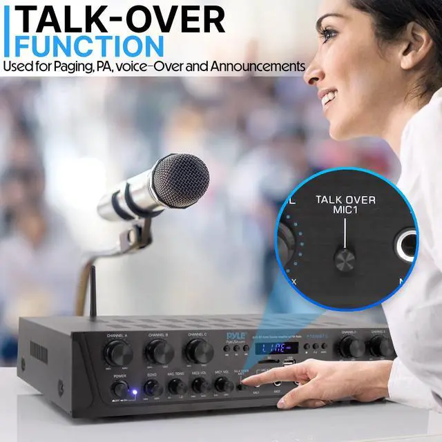 Alt view image 5 of 7 - Home Audio Amplifier with Bluetooth - 6 Channel 600 Watt Peak Power, Karaoke with Echo, 2 Mic Input with Talkover, Headphone In, USB A MP3 Player with SD Reader - Home, Commercial, Worship