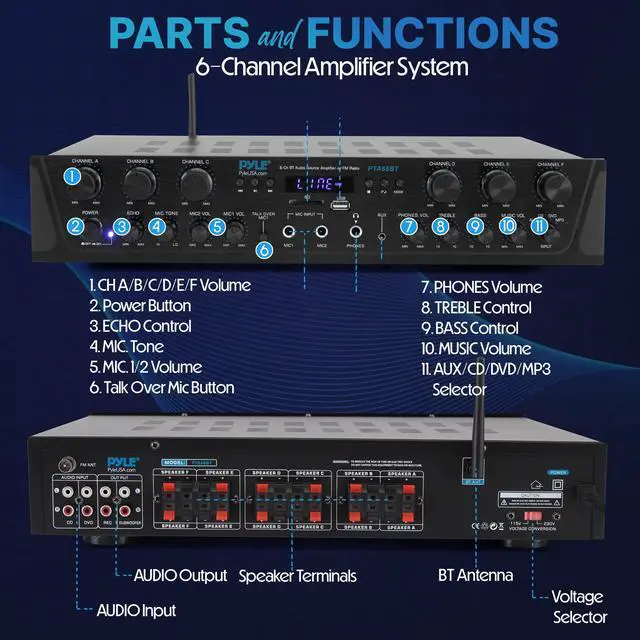 Alt view image 2 of 7 - Home Audio Amplifier with Bluetooth - 6 Channel 600 Watt Peak Power, Karaoke with Echo, 2 Mic Input with Talkover, Headphone In, USB A MP3 Player with SD Reader - Home, Commercial, Worship