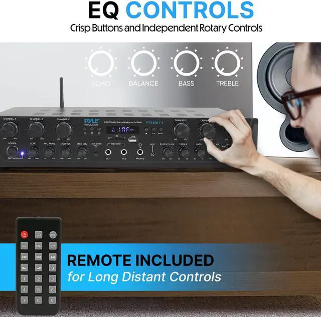 Alt view image 4 of 7 - Home Audio Amplifier with Bluetooth - 6 Channel 600 Watt Peak Power, Karaoke with Echo, 2 Mic Input with Talkover, Headphone In, USB A MP3 Player with SD Reader - Home, Commercial, Worship