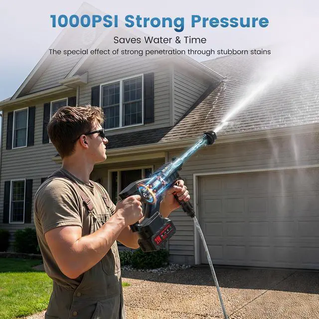 Alt view image 2 of 7 - Cordless Portable Washer, 1000PSI Portable 4000mAh Cleaner with 6-in-1 Nozzle & 2 Batteries and Shut-Off Valve Garden Hose Adapter for Watering, Cleaning, Car, Floor Wall Fence Cleaning