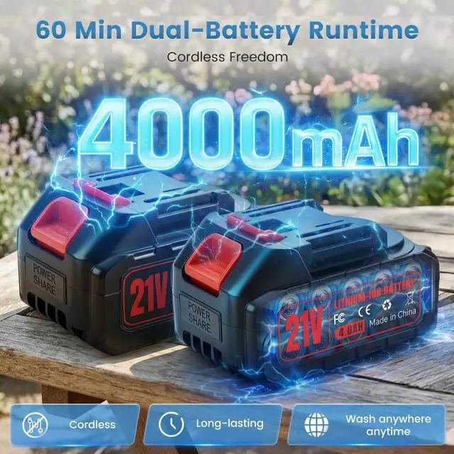 Alt view image 3 of 7 - Cordless Portable Washer, 1000PSI Portable 4000mAh Cleaner with 6-in-1 Nozzle & 2 Batteries and Shut-Off Valve Garden Hose Adapter for Watering, Cleaning, Car, Floor Wall Fence Cleaning