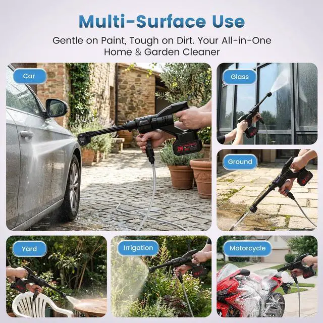 Alt view image 7 of 7 - Cordless Portable Washer, 1000PSI Portable 4000mAh Cleaner with 6-in-1 Nozzle & 2 Batteries and Shut-Off Valve Garden Hose Adapter for Watering, Cleaning, Car, Floor Wall Fence Cleaning
