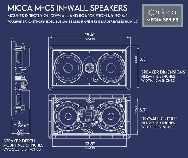 Alt view image 5 of 6 - M-CS Dual 5.25 Inch 2-Way in-Wall Center Channel Speaker for Home Theater, Whole House Audio, MTM LCR Design, 5.25" Poly Woofers, 1" Pivoting Silk Tweeter, White, Paintable, Each