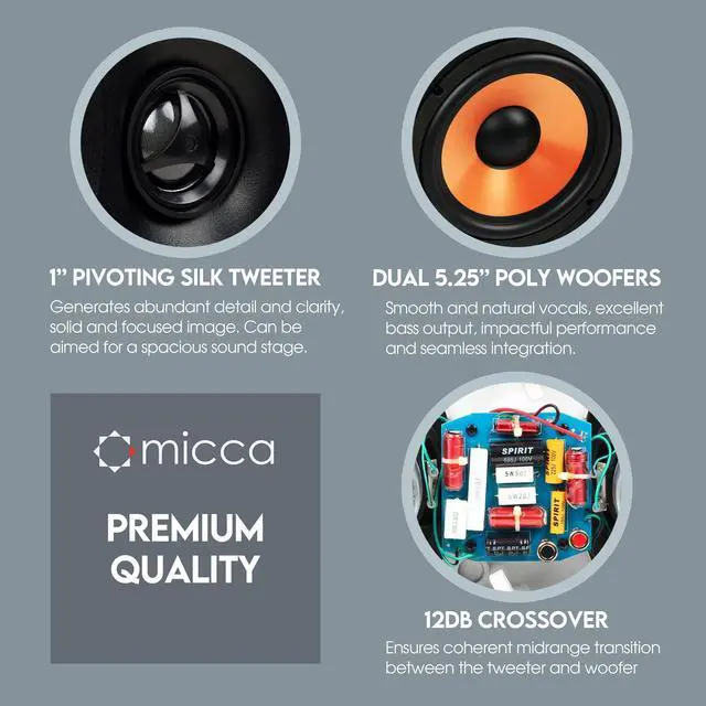 Alt view image 4 of 6 - M-CS Dual 5.25 Inch 2-Way in-Wall Center Channel Speaker for Home Theater, Whole House Audio, MTM LCR Design, 5.25" Poly Woofers, 1" Pivoting Silk Tweeter, White, Paintable, Each