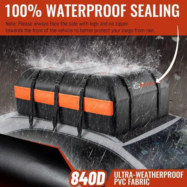 Alt view image 2 of 7 - Car Rooftop Cargo Carrier Bag, 21 Cubic Feet 100% Waterproof Heavy Duty 840D Car Roof Bag for All Vehicle with/Without Racks - Anti-Slip Mat, 6 Door Hooks, Storage Bags, 2 Extra Straps, Luggage Lock