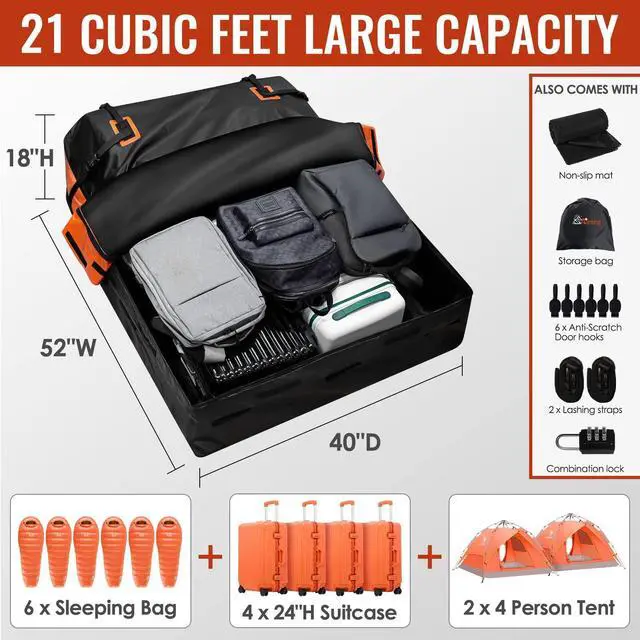 Alt view image 4 of 7 - Car Rooftop Cargo Carrier Bag, 21 Cubic Feet 100% Waterproof Heavy Duty 840D Car Roof Bag for All Vehicle with/Without Racks - Anti-Slip Mat, 6 Door Hooks, Storage Bags, 2 Extra Straps, Luggage Lock