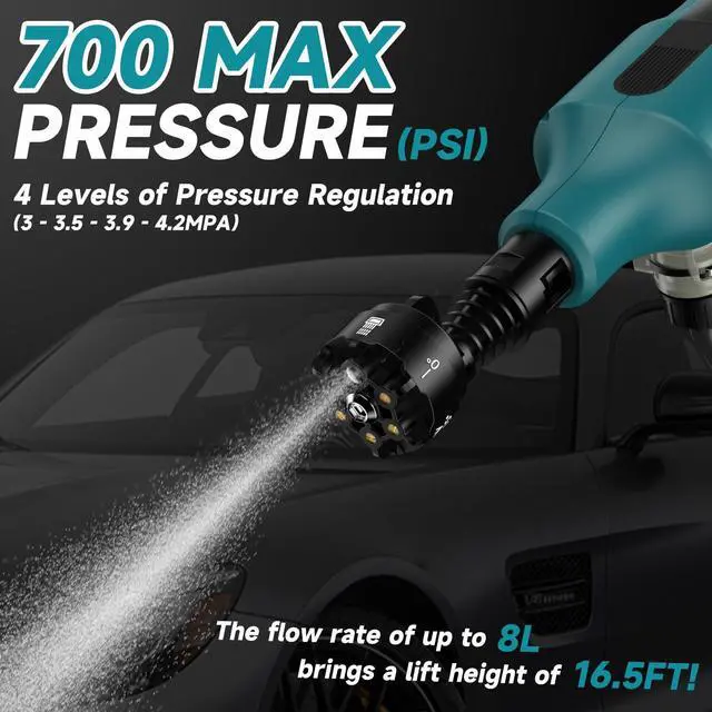Alt view image 4 of 7 - Cordless Portable Washer Compatible with Makita 18V Battery, Portable Handheld Cleaning Tool with Brushless Motor, 6-in-1 Nozzle, 4 Level Adjustable for Car Floor Fence Wall (Tool only)