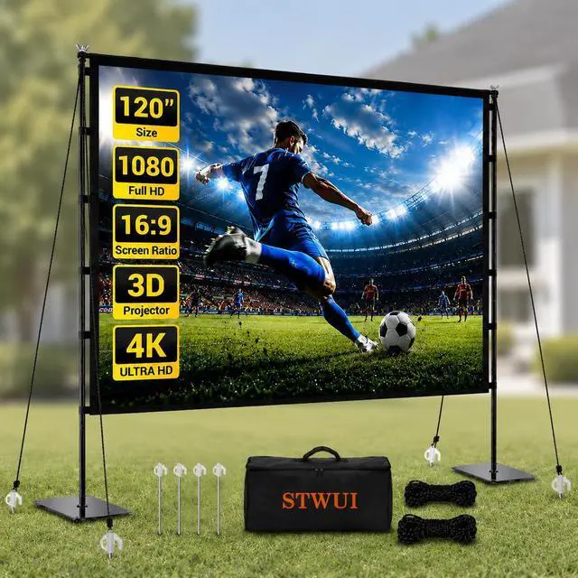 Main image of Outdoor Projector Screen with Stand - 120 Inch Portable Projector Screen Indoor and Outdoor Projector Screens 16:9 4K HD Wrinkle Free Lightweight Movie Screen with Carry Bag,Enioy Movie Nights