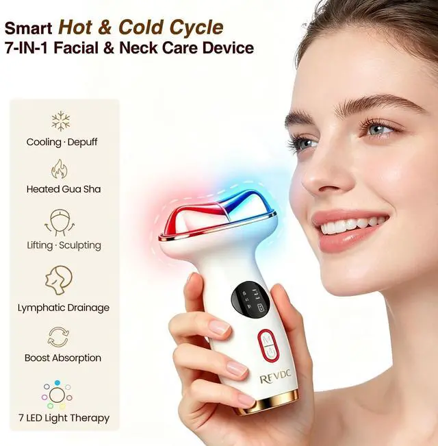Alt view image 2 of 7 - Cold Heated Electric Gua Sha, Facial Neck Lymphatic Drainage Sculpting Tool, Cooling Depuffing Wand for Puffy Face Eyes, 7-in-1 LED Red Light Face Massager for Lifting, Contouring, Firming