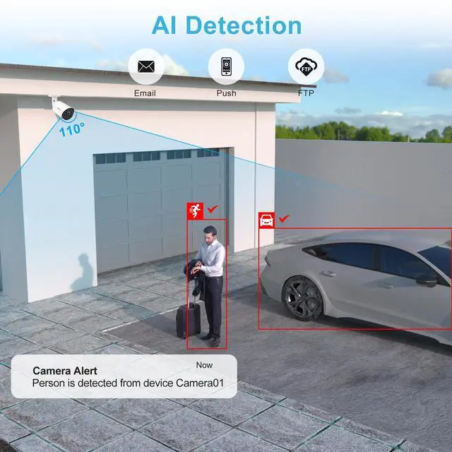 Alt view image 2 of 7 - 6MP Bullet PoE IP Camera with Human & Vehicle Detection, Security IP Camera Outdoor Indoor, 100ft Smart Color Night Vision, 2.8mm Lens, Built-in Mic, 512GB MicroSD Slot, Full Metal (U Series)
