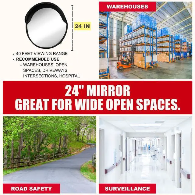 Alt view image 5 of 7 - Large 24 Inch Convex Mirror for Blind Spots - Shatterproof Polycarbonate, 180° Wide View for Driveways, Intersections, Warehouses, Roads, and Large Areas - Indoor & Outdoor Security Mirror