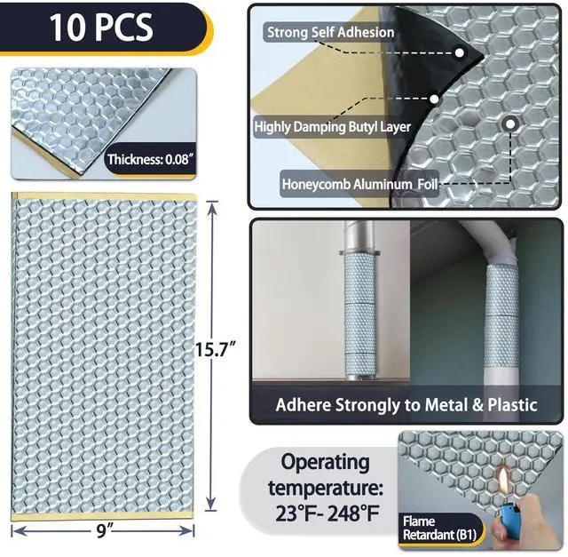 Alt view image 2 of 6 - Vibration Damping Mat, 10 pcs 15.7 x 9 x 0.08 Inches Self-Adhesive Sound Deadening Sheets, Aluminum Foil Noise Dampening Panels for Vent, Duct Wrap, Pipes, Engine, Water Pump, Audio, Car