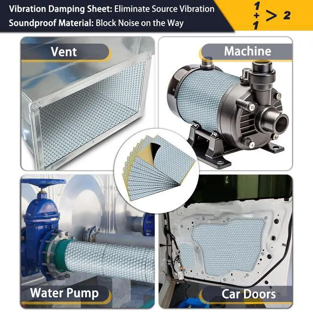 Alt view image 5 of 6 - Vibration Damping Mat, 10 pcs 15.7 x 9 x 0.08 Inches Self-Adhesive Sound Deadening Sheets, Aluminum Foil Noise Dampening Panels for Vent, Duct Wrap, Pipes, Engine, Water Pump, Audio, Car