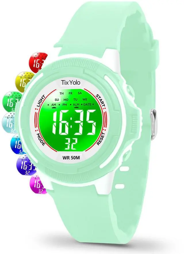 Main image of Digital Kids Watch with 7 Color Lights 50M Waterproof,Alarm,Stopwatch,Soft Strap,Children Gifts Sports Watch for Boys Girls 5-12 Years(Green)
