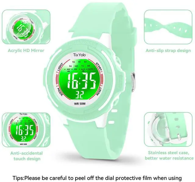 Alt view image 3 of 7 - Digital Kids Watch with 7 Color Lights 50M Waterproof,Alarm,Stopwatch,Soft Strap,Children Gifts Sports Watch for Boys Girls 5-12 Years(Green)