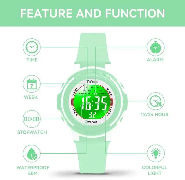 Alt view image 4 of 7 - Digital Kids Watch with 7 Color Lights 50M Waterproof,Alarm,Stopwatch,Soft Strap,Children Gifts Sports Watch for Boys Girls 5-12 Years(Green)