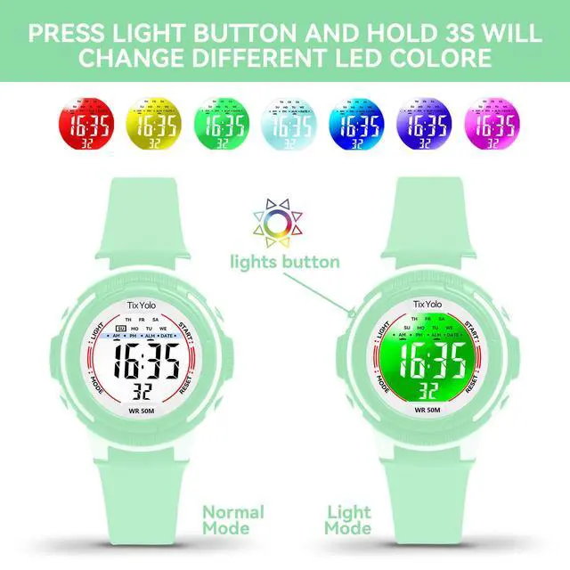 Alt view image 5 of 7 - Digital Kids Watch with 7 Color Lights 50M Waterproof,Alarm,Stopwatch,Soft Strap,Children Gifts Sports Watch for Boys Girls 5-12 Years(Green)
