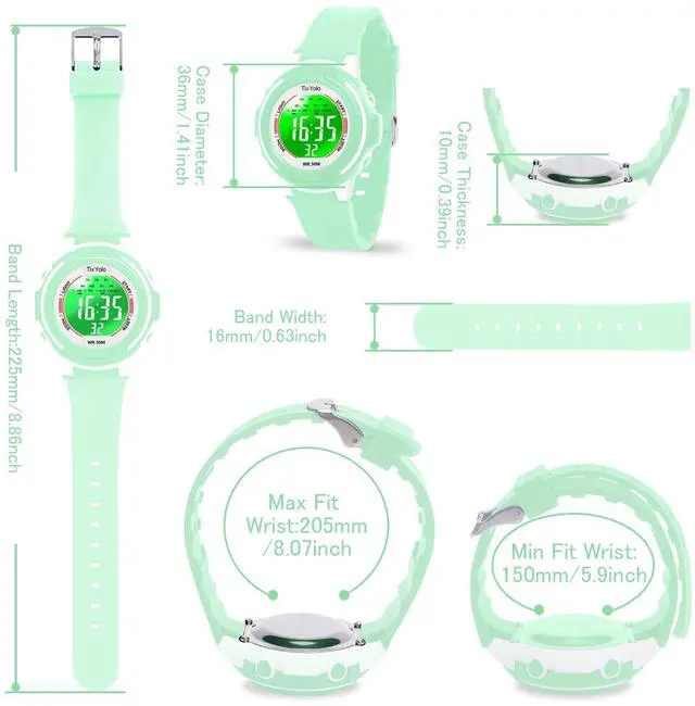 Alt view image 6 of 7 - Digital Kids Watch with 7 Color Lights 50M Waterproof,Alarm,Stopwatch,Soft Strap,Children Gifts Sports Watch for Boys Girls 5-12 Years(Green)