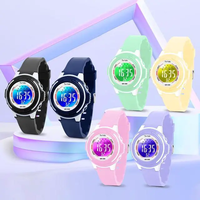 Alt view image 7 of 7 - Digital Kids Watch with 7 Color Lights 50M Waterproof,Alarm,Stopwatch,Soft Strap,Children Gifts Sports Watch for Boys Girls 5-12 Years(Green)