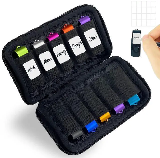 Main image of 10 Slots Neoprene USB Flash Drive Case with 20 Identification Labels,Anti-Static Thumb Drive Organizer Bag, Slim Portable Memory Stick Storage Pouch for Travel, Office & Home, Black