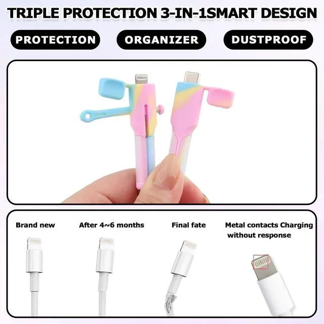 Alt view image 3 of 6 - 4PCS (2 Sets) Charger Cable Protector - Silicone Non-Slip Cord Saver Compatible with Lightning & USB-C Type-C Cables, 2-in-1 Dustproof Organizer and Protection, Multicolor Wire Protector for Home
