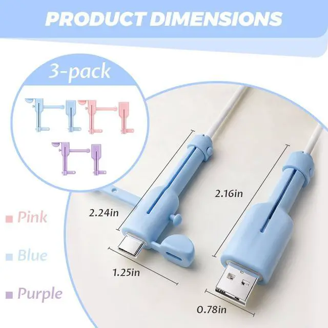 Alt view image 2 of 7 - 3Pairs Charger Cable Protectors,Universal Silicone Non-Slip Cord Saver,3 in 1 Double-End Data Cable Protector,Cover Cord Organizer-Dustproof & Organizer & Protection for Home (Pink+Blue+Purple)