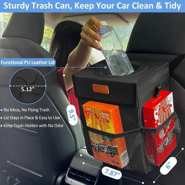 Alt view image 2 of 7 - Car Trash Can Bin for Back Seat Leak Proof, Cute Car Trash Bag Hanging, Vehicle Trash Can for SUV Truck Van, Automotive Garbage Cans Front Seat Black