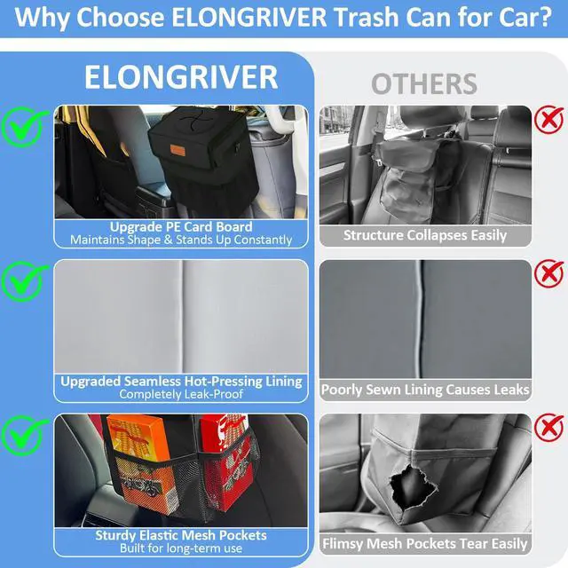 Alt view image 5 of 7 - Car Trash Can Bin for Back Seat Leak Proof, Cute Car Trash Bag Hanging, Vehicle Trash Can for SUV Truck Van, Automotive Garbage Cans Front Seat Black