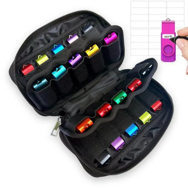 Main image of USB Flash Drive Storage Case, 20 Slots Electronic Organizer, Black Carrying Case with D-Buckle, 7.1 x 3.6 inches
