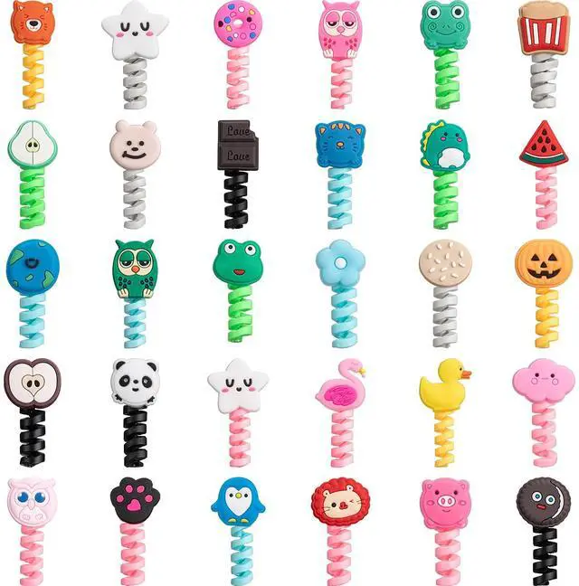 Main image of 32 Pieces Colorful Cartoon Charger Cable Protectors USB Charger Saver Silicone Animal Buddies Flexible Cable Wire Protectors for Most Cellphone Data Lines (Cute Style,2 x 3 cm)