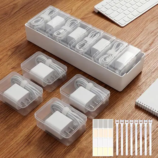 Main image of 8 Individual Cable Organizer Boxes With Base, Cord Storage Organizer With Labels And Cable Straps For Charging Cables, Adapters, Earphones (8 pcs Individual Cable, 1 Pack)