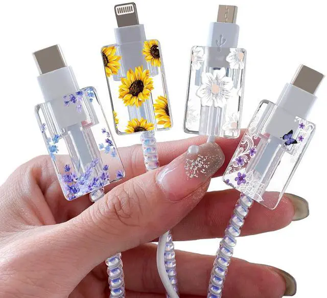 Main image of Flower Floral Lightning Cable Protector for iPhone Type-C Charger,Cute Lavender Sunflower Lace Blossom Pattern 4pcs Set Phone Cable Protector,Charging Cord Protector,Charger Saver (Lightning Cable)