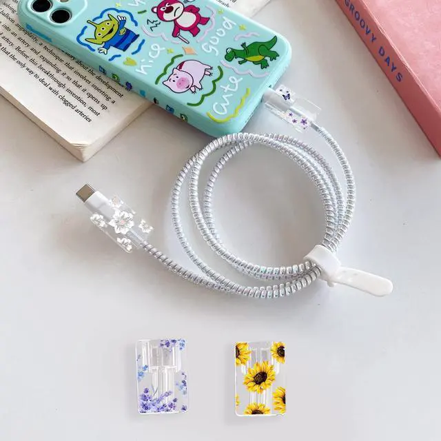 Alt view image 2 of 7 - Flower Floral Lightning Cable Protector for iPhone Type-C Charger,Cute Lavender Sunflower Lace Blossom Pattern 4pcs Set Phone Cable Protector,Charging Cord Protector,Charger Saver (Lightning Cable)