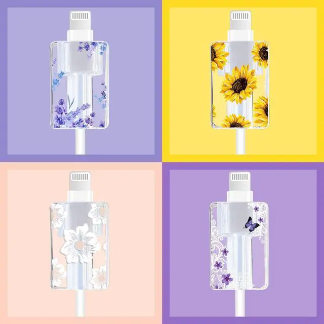 Alt view image 6 of 7 - Flower Floral Lightning Cable Protector for iPhone Type-C Charger,Cute Lavender Sunflower Lace Blossom Pattern 4pcs Set Phone Cable Protector,Charging Cord Protector,Charger Saver (Lightning Cable)