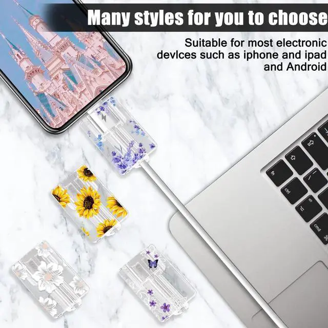 Alt view image 7 of 7 - Flower Floral Lightning Cable Protector for iPhone Type-C Charger,Cute Lavender Sunflower Lace Blossom Pattern 4pcs Set Phone Cable Protector,Charging Cord Protector,Charger Saver (Lightning Cable)