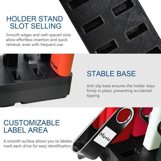 Alt view image 4 of 7 - 10-Slot USB Flash Drive Holder Stand, Desktop Organizer Rack for Memory Sticks, Jump Drives & Electronic Accessories, Office Desk Storage, Black