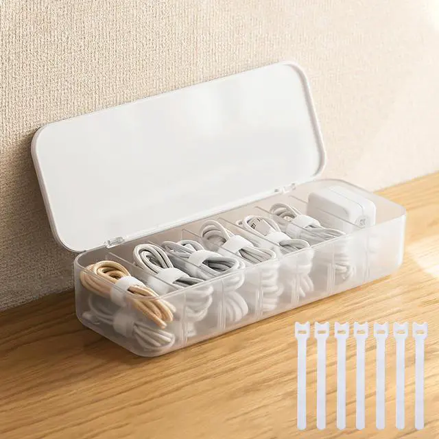 Main image of Cable Organizer Storage Box with 7 Wire Ties,Desktop Cable Management Box with Lid,Power Cord Organizer with 7 Compartments for Office,Home,Desk Accessories Storage Stationery Supplies White