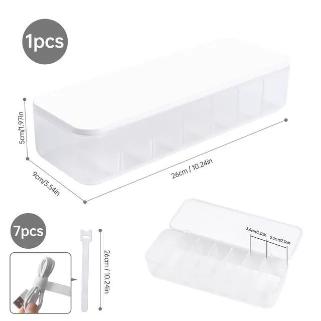 Alt view image 7 of 7 - Cable Organizer Storage Box with 7 Wire Ties,Desktop Cable Management Box with Lid,Power Cord Organizer with 7 Compartments for Office,Home,Desk Accessories Storage Stationery Supplies White