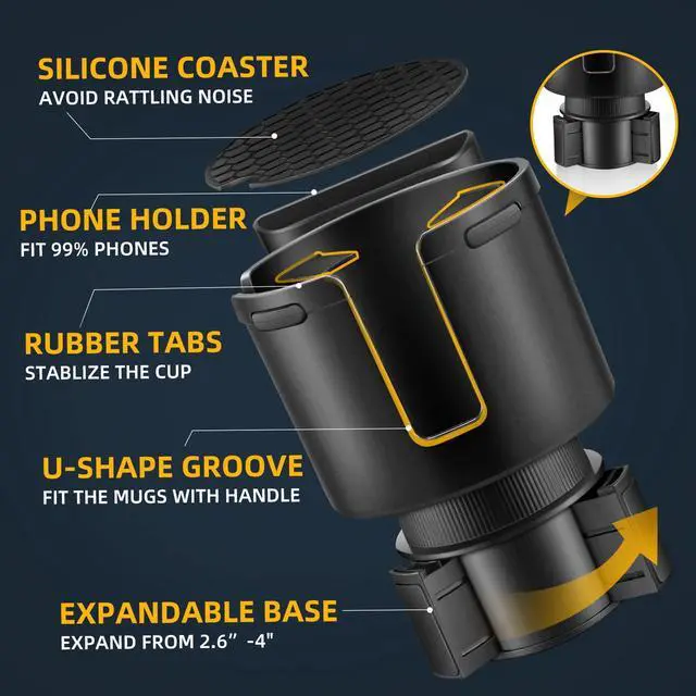Alt view image 2 of 6 - Car Cup Holder Expander, Cup Holder Extender Adapter for Car with Adjustable Base, Fits YETI 24/36/46oz, HydroFlask 32/40oz, Large Water Bottles in 2.7"-4.2" (16-46 OZ)