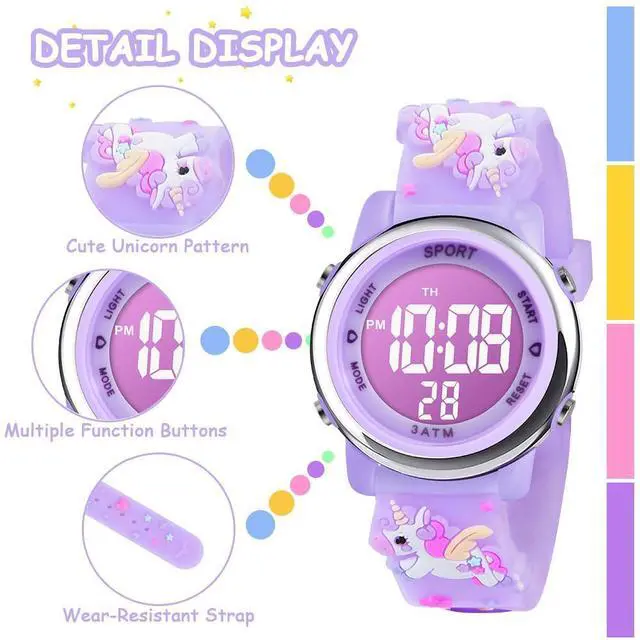 Alt view image 3 of 7 - Kids Watch, Toddler Digital Watch, Digital Watch LED Electrical Watches 7 Color Lights Watch Sport Outdoor with Alarm Stopwatch Unicorn Toys Gift for 6-12 Year Girls Children Wristwatch