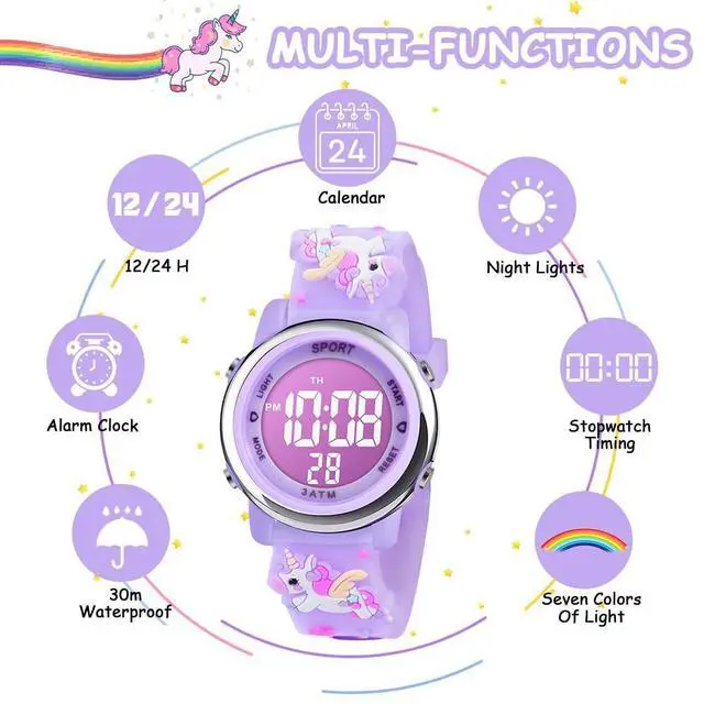 Alt view image 4 of 7 - Kids Watch, Toddler Digital Watch, Digital Watch LED Electrical Watches 7 Color Lights Watch Sport Outdoor with Alarm Stopwatch Unicorn Toys Gift for 6-12 Year Girls Children Wristwatch