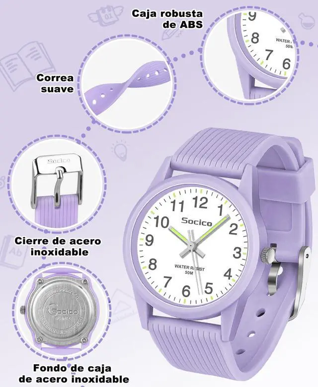 Alt view image 5 of 7 - Kids Analog Watch for Boys Girls, Easy to Read Learning Time Watch, 50M Waterproof, Soft Band Wristwatch for Ages 4-12, Great Gift for Children
