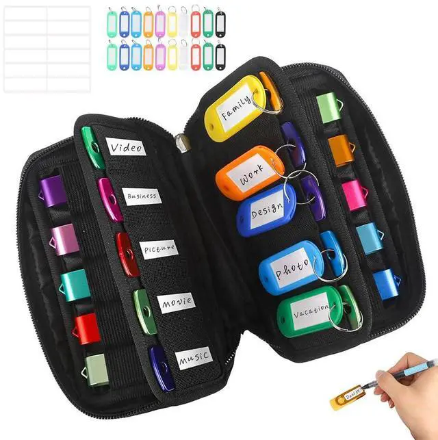 Alt view image 2 of 7 - USB Flash Drive Case Organizer Premium Soft Neoprene Storage Holder with 20 Slots and 20 Label Tags for Thumb Drives, Memory Sticks, Jump Drives & Electronic Accessories (Black)