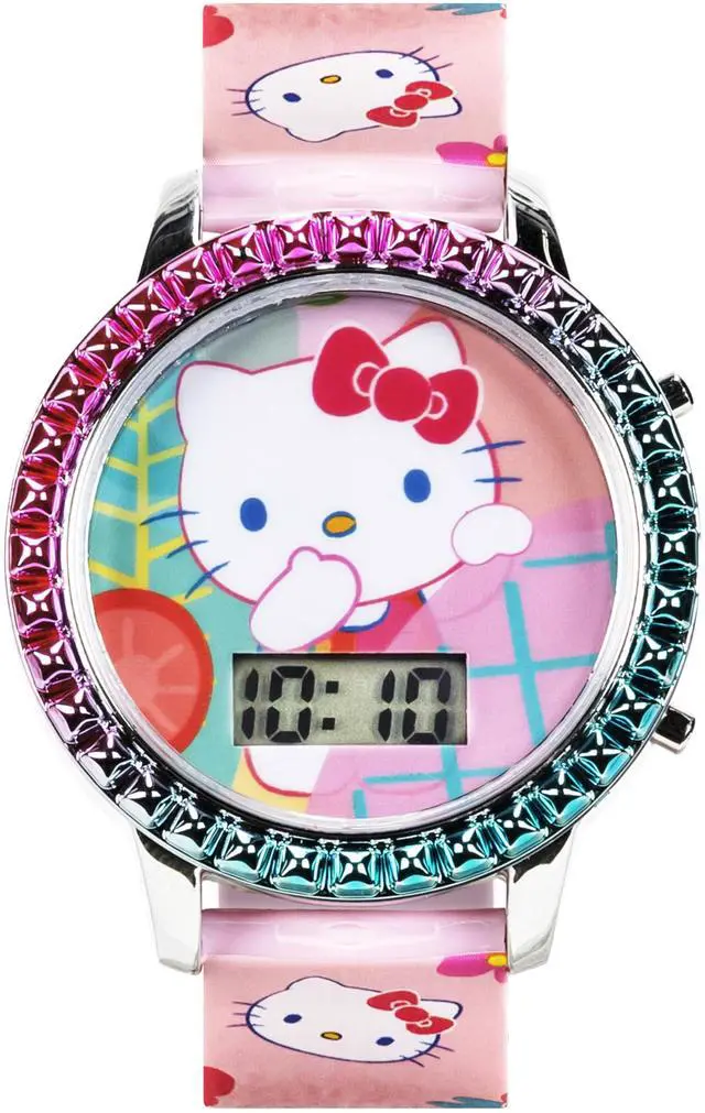 Alt view image 3 of 7 - Sanrio Hello Kitty Girls' Digital LCD Quartz Watch with Pink Strap and Colorful Bezel - Fun LED Light Show - Easy to Read Time for Kids - Fits Wrist 5.5"-8"